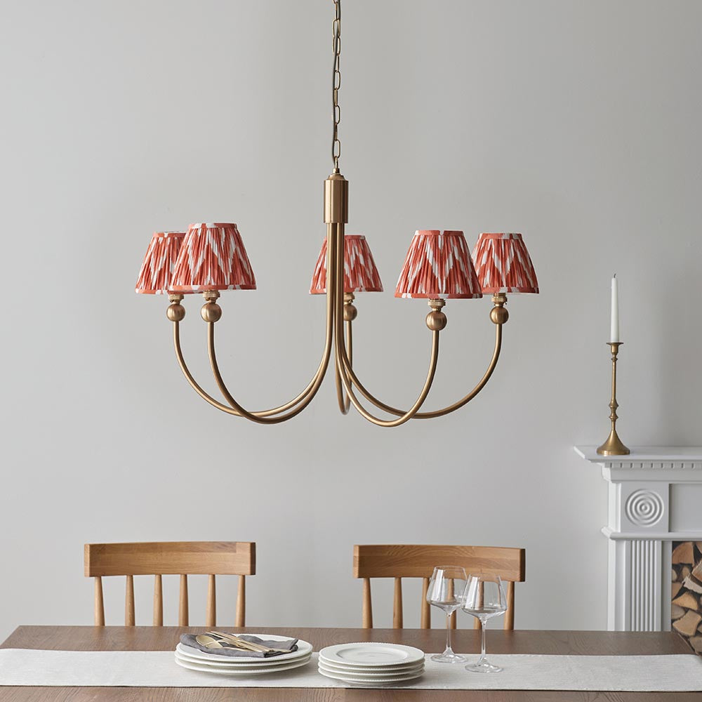 Santiago And Zigzag 5 Lights 16cm Apricot Orange Shade Curved Ceiling Pendant Light In Brushed Aged Brass