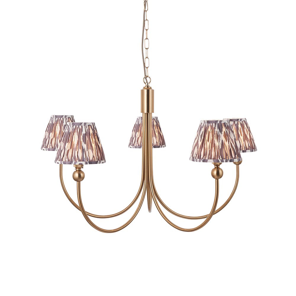 Santiago And Ikat 5 Lights 16cm Pearl Grey Shade Curved Ceiling Pendant Light In Brushed Aged Brass