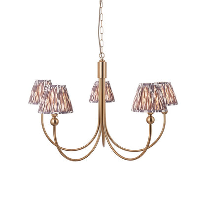 Santiago And Ikat 5 Lights 16cm Pearl Grey Shade Curved Ceiling Pendant Light In Brushed Aged Brass