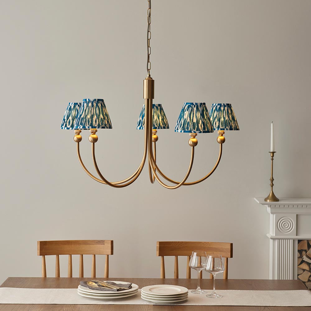 Santiago And Ikat 5 Lights 16cm Marlin Blue Shade Curved Ceiling Pendant Light In Brushed Aged Brass