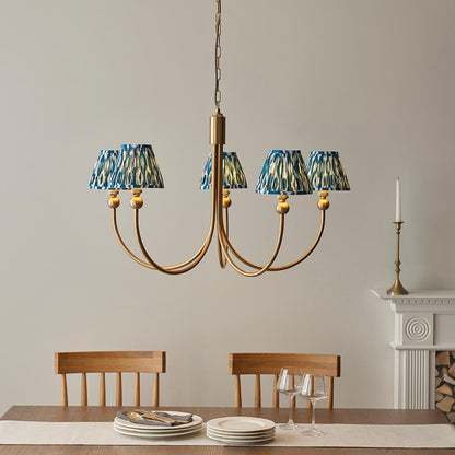 Santiago And Ikat 5 Lights 16cm Marlin Blue Shade Curved Ceiling Pendant Light In Brushed Aged Brass
