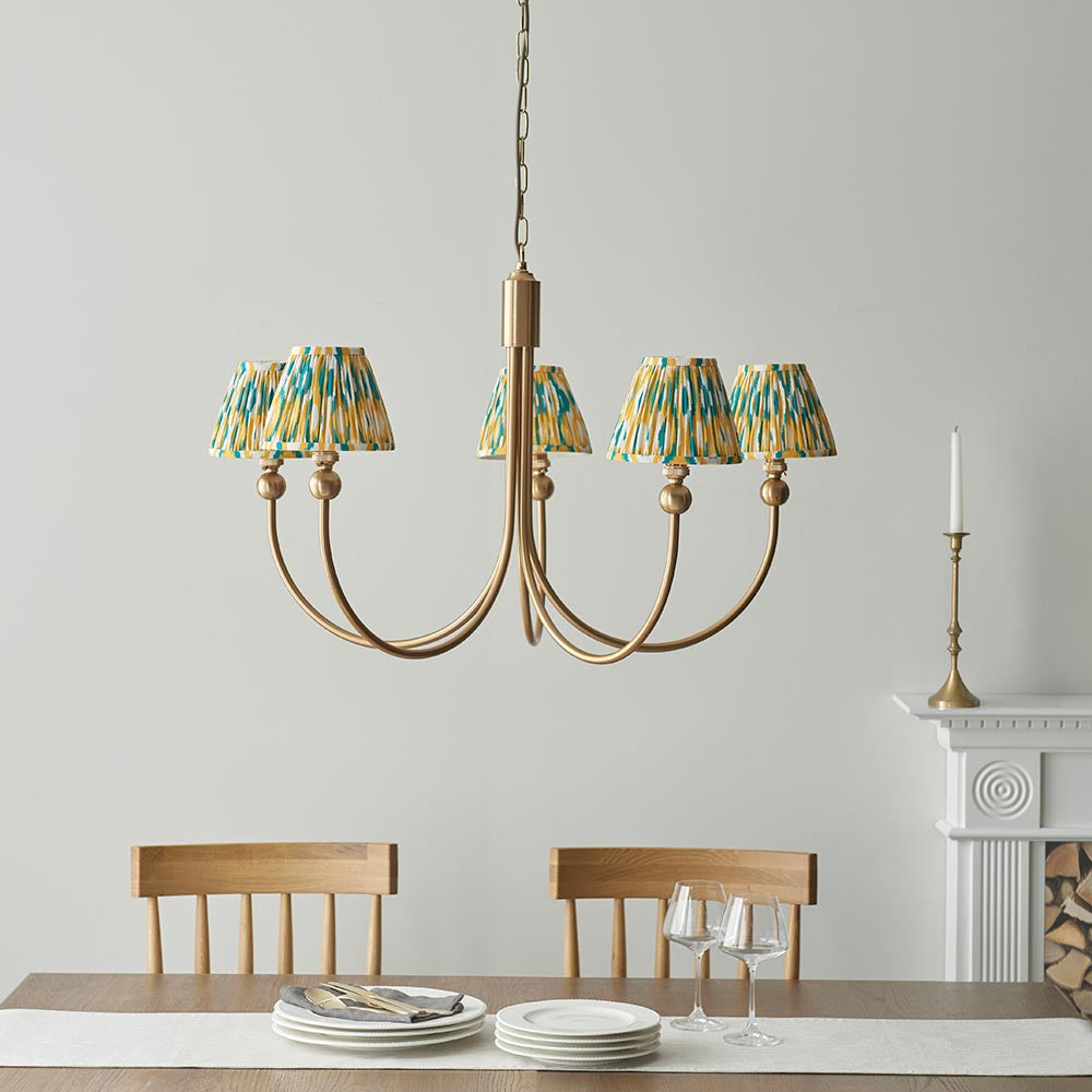 Santiago And Ikat 5 Lights 16cm Yellow And Jade Shade Curved Ceiling Pendant Light In Brushed Aged Brass