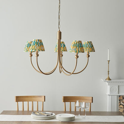Santiago And Ikat 5 Lights 16cm Yellow And Jade Shade Curved Ceiling Pendant Light In Brushed Aged Brass