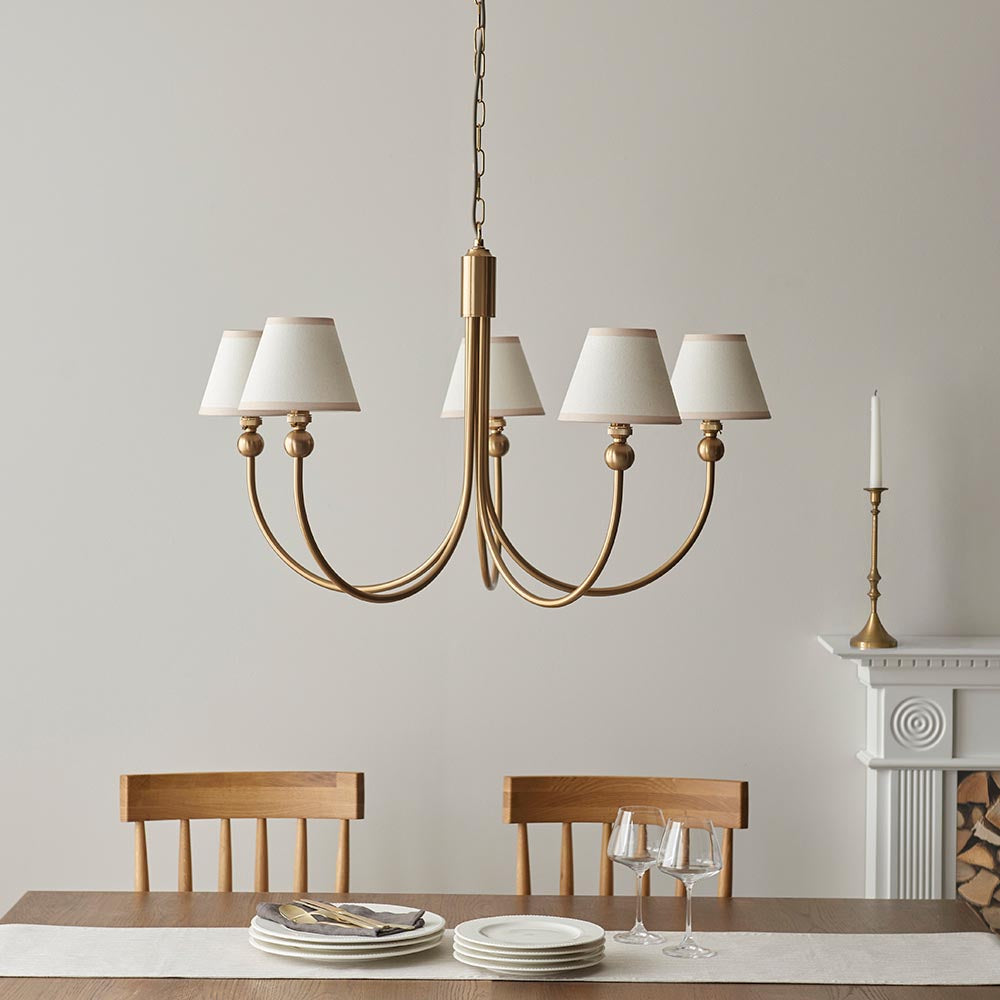 Santiago And Ivy 5 Lights 16cm Vintage White Shade Curved Ceiling Pendant Light In Brushed Aged Brass