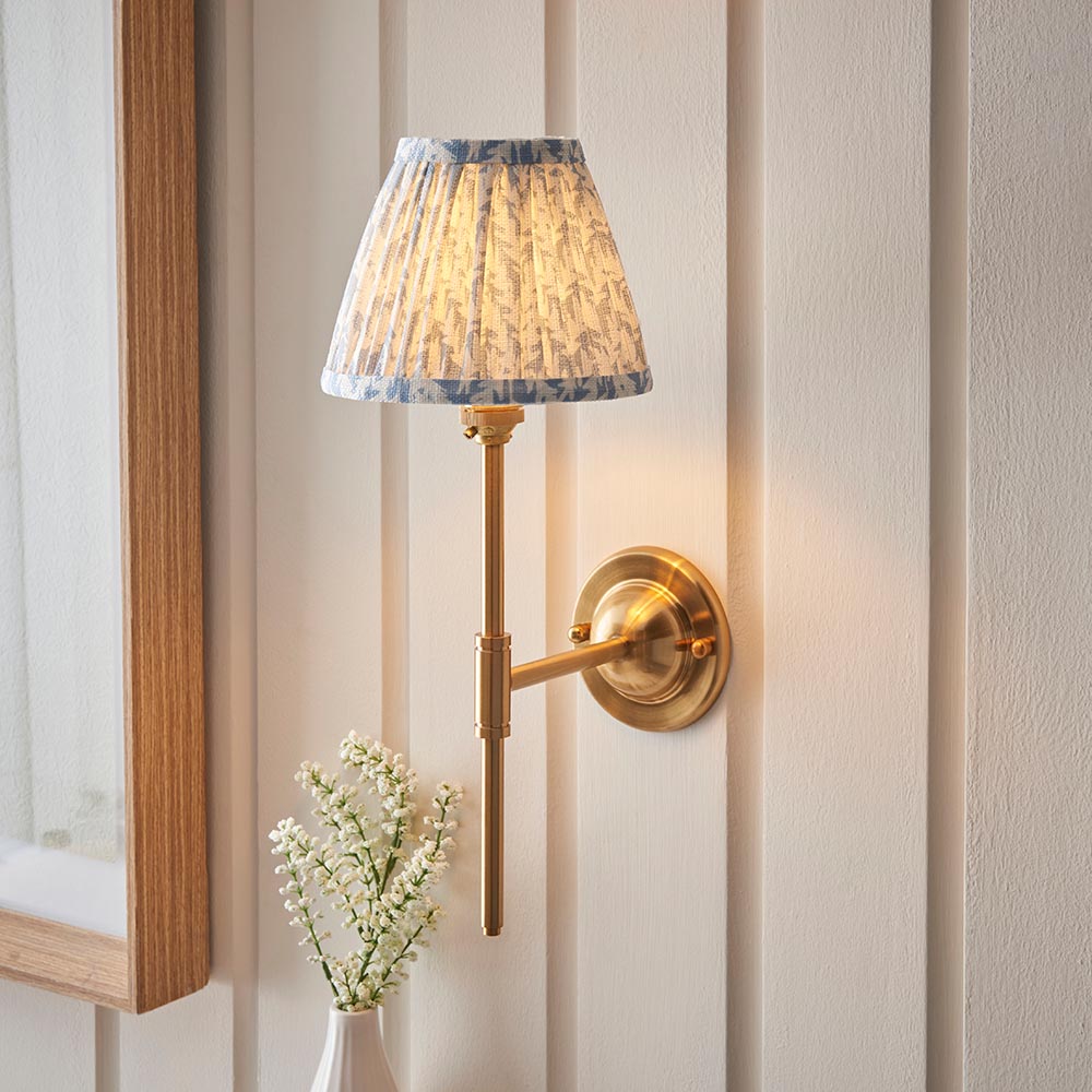 Dome T Bar And Leaf 16cm Shell Bay Blue Shade Wall Light In Brushed Aged Brass