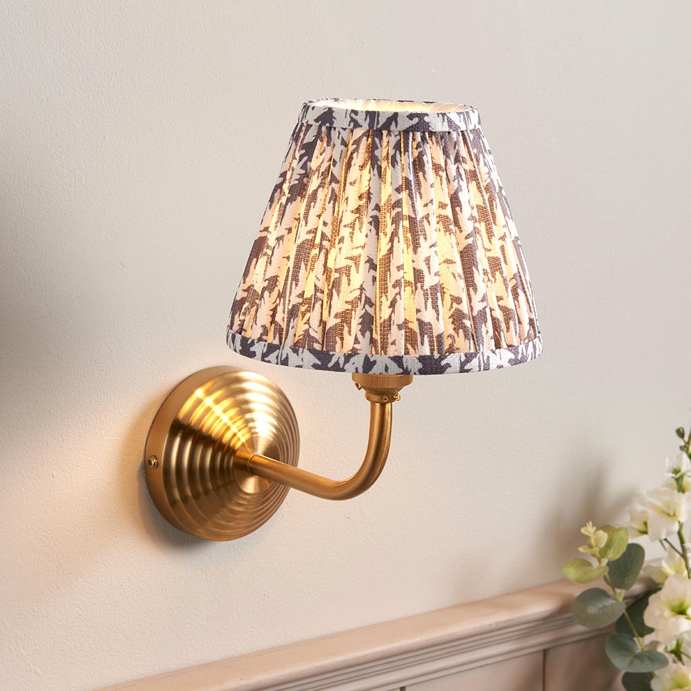 Obelisk Arc And Leaf 16cm Pearl Grey Shade Wall Light In Brushed Aged Brass