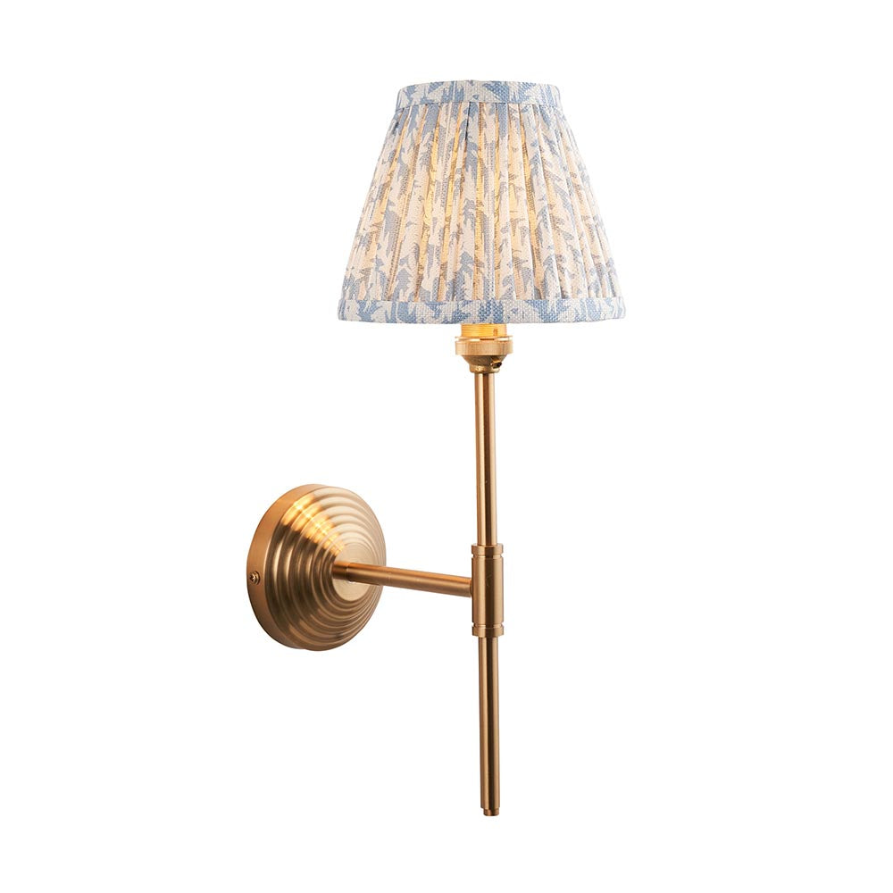 Obelisk T Bar And Leaf 16cm Shell Bay Blue Shade Wall Light In Brushed Aged Brass