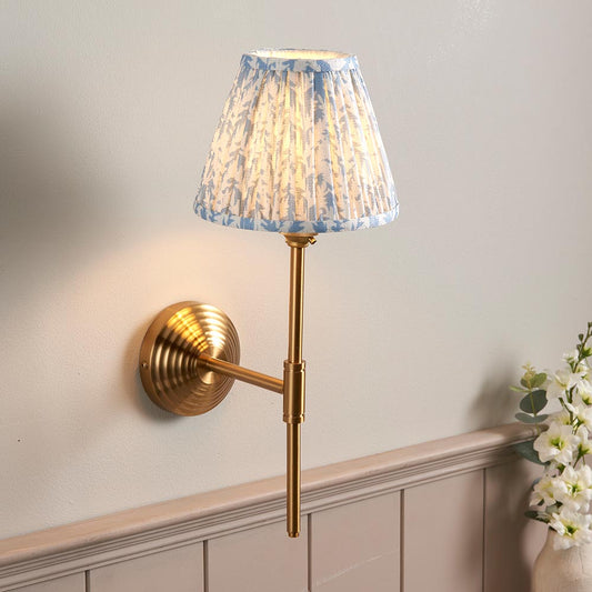 Obelisk T Bar And Leaf 16cm Shell Bay Blue Shade Wall Light In Brushed Aged Brass