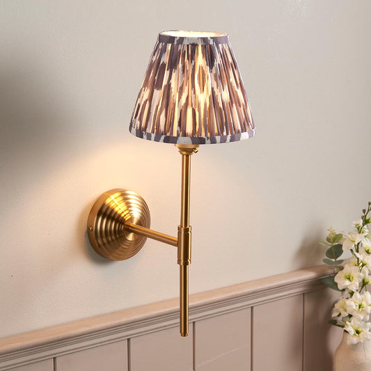 Obelisk T Bar And Ikat 16cm Pearl Grey Shade Wall Light In Brushed Aged Brass