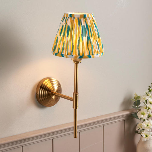 Obelisk T Bar And Ikat 16cm Yellow And Jade Shade Wall Light In Brushed Aged Brass