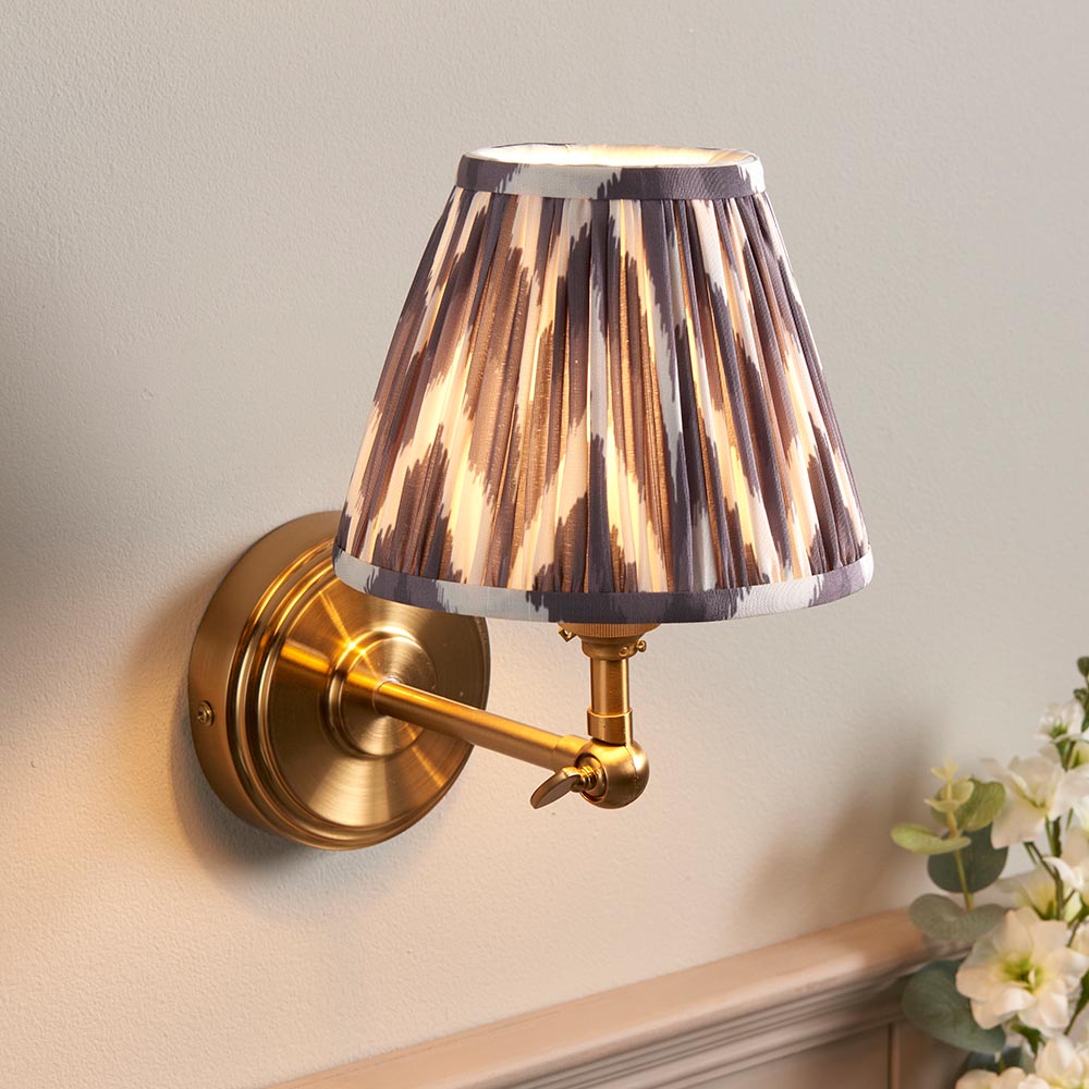 Step Wing And Zigzag 16cm Pearl Grey Shade Wall Light In Brushed Aged Brass