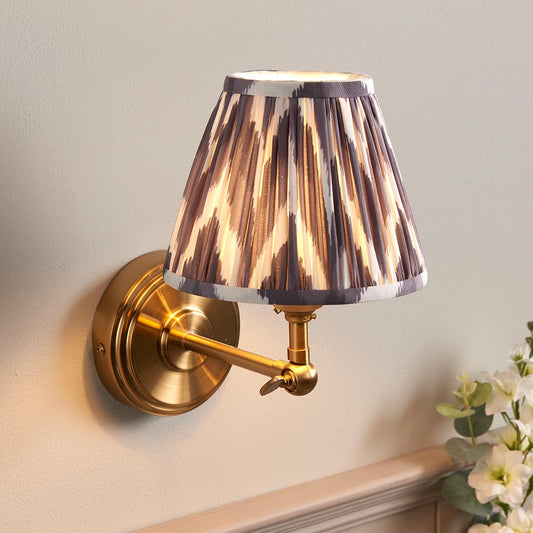 Step Wing And Zigzag 16cm Pearl Grey Shade Wall Light In Brushed Aged Brass