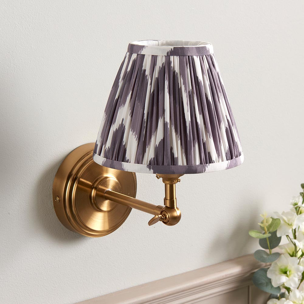 Step Wing And Zigzag 16cm Pearl Grey Shade Wall Light In Brushed Aged Brass