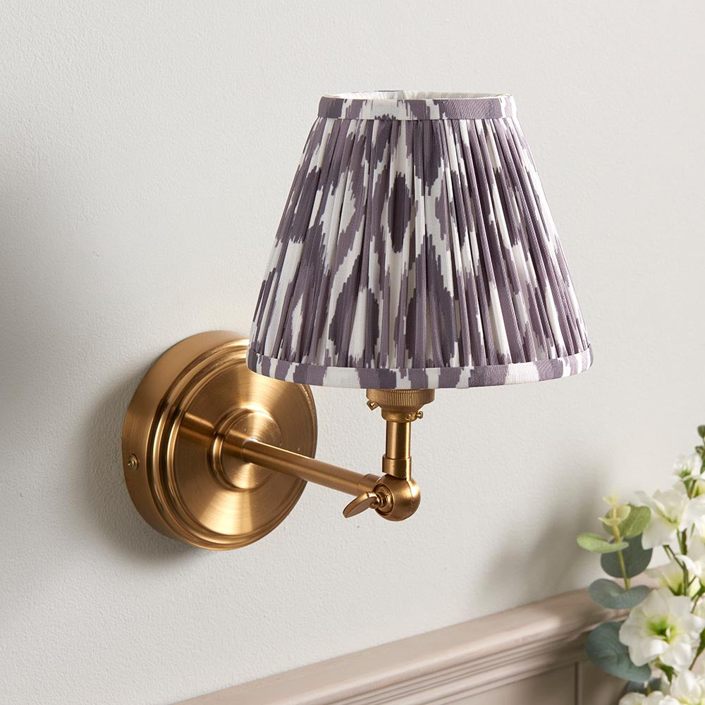 Step Wing And Ikat 16cm Pearl Grey Shade Wall Light In Brushed Aged Brass
