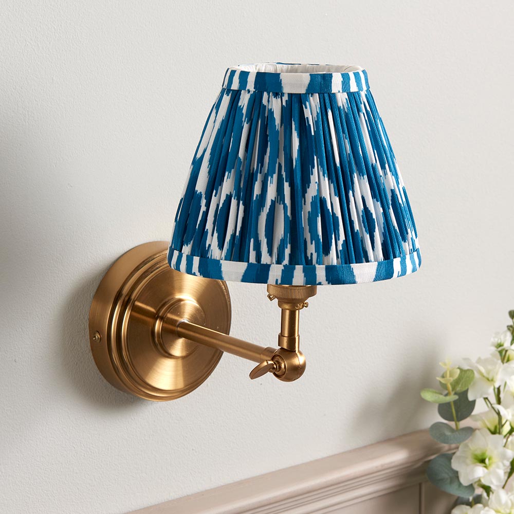 Step Wing And Ikat 16cm Marlin Blue Shade Wall Light In Brushed Aged Brass