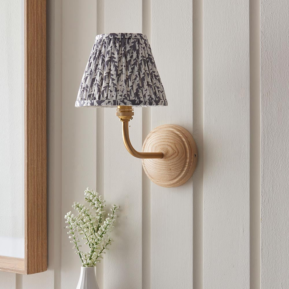 Wood Arc And Leaf 16cm Pearl Grey Shade Wall Light In Brushed Aged Brass