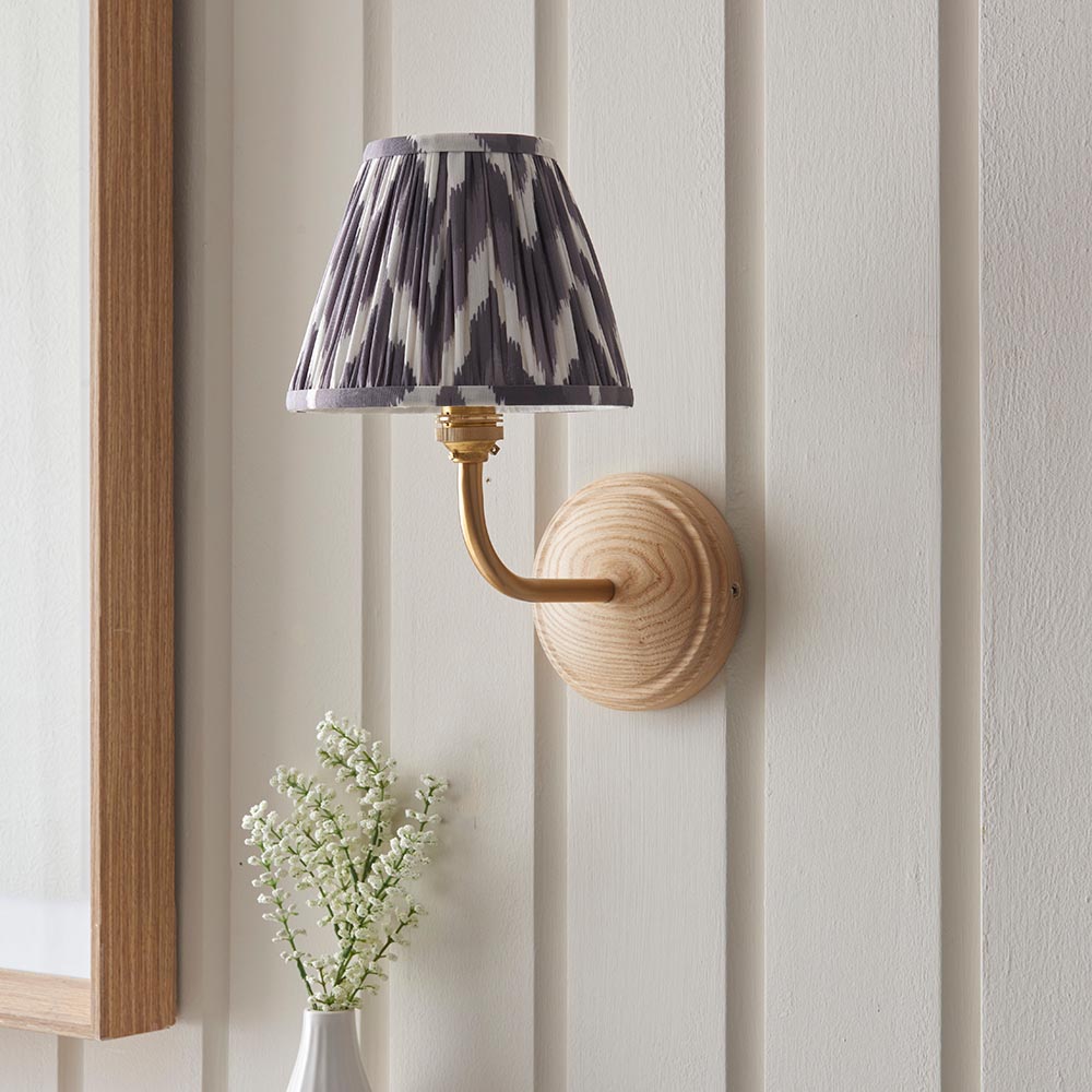 Wood Arc And Zigzag 16cm Pearl Grey Shade Wall Light In Brushed Aged Brass