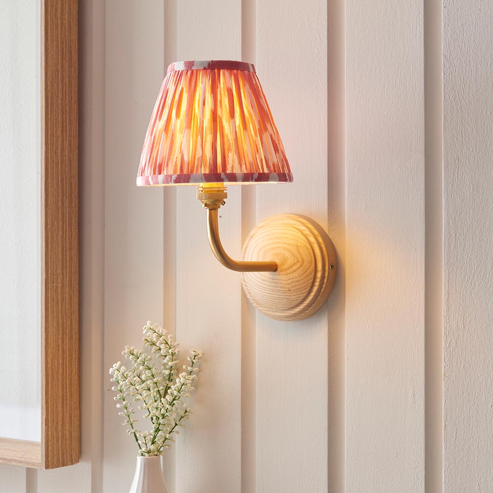 Wood Arc And Ikat 16cm Coral Pink Shade Wall Light In Brushed Aged Brass