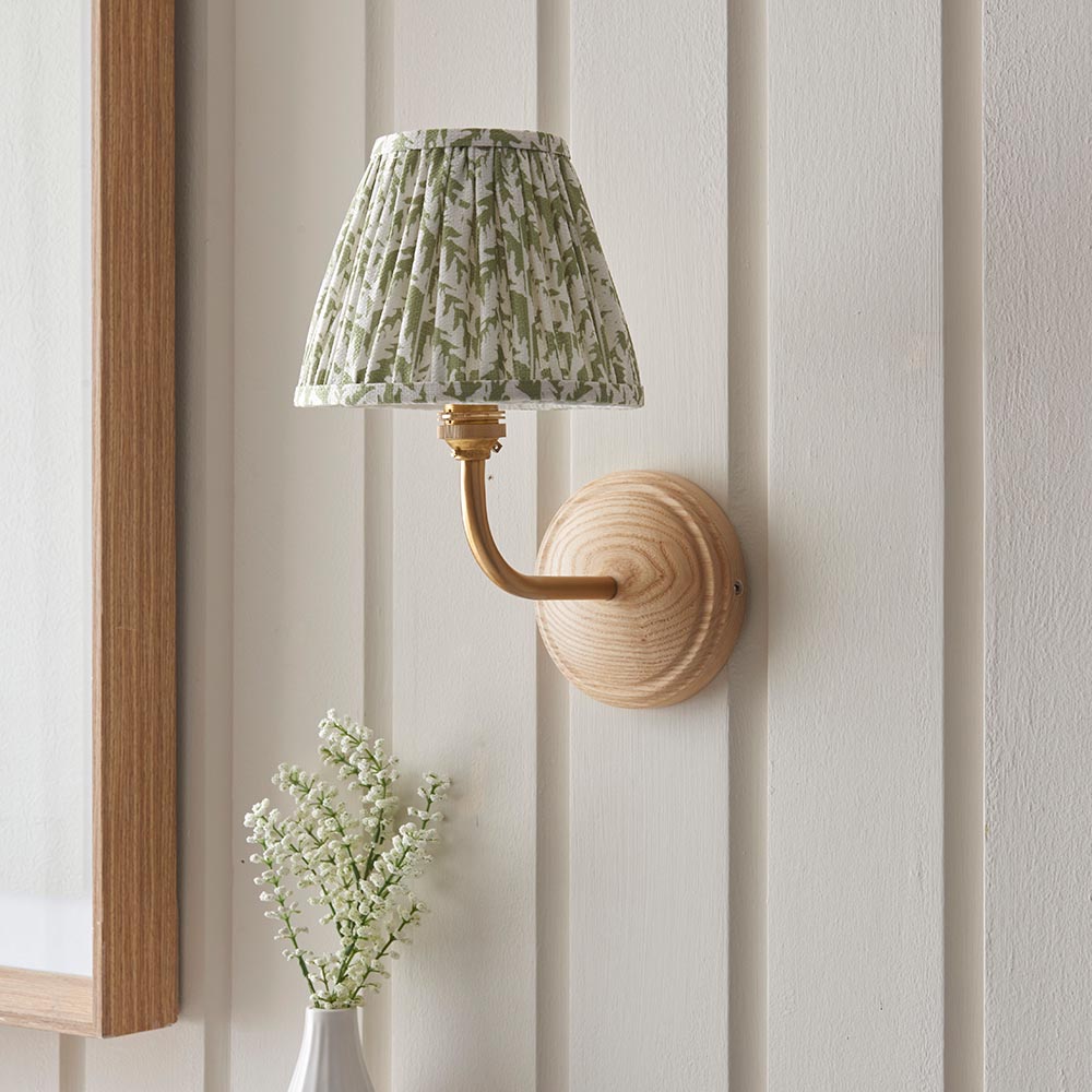 Wood Arc And Leaf 16cm Herb Garden Green Shade Wall Light In Brushed Aged Brass