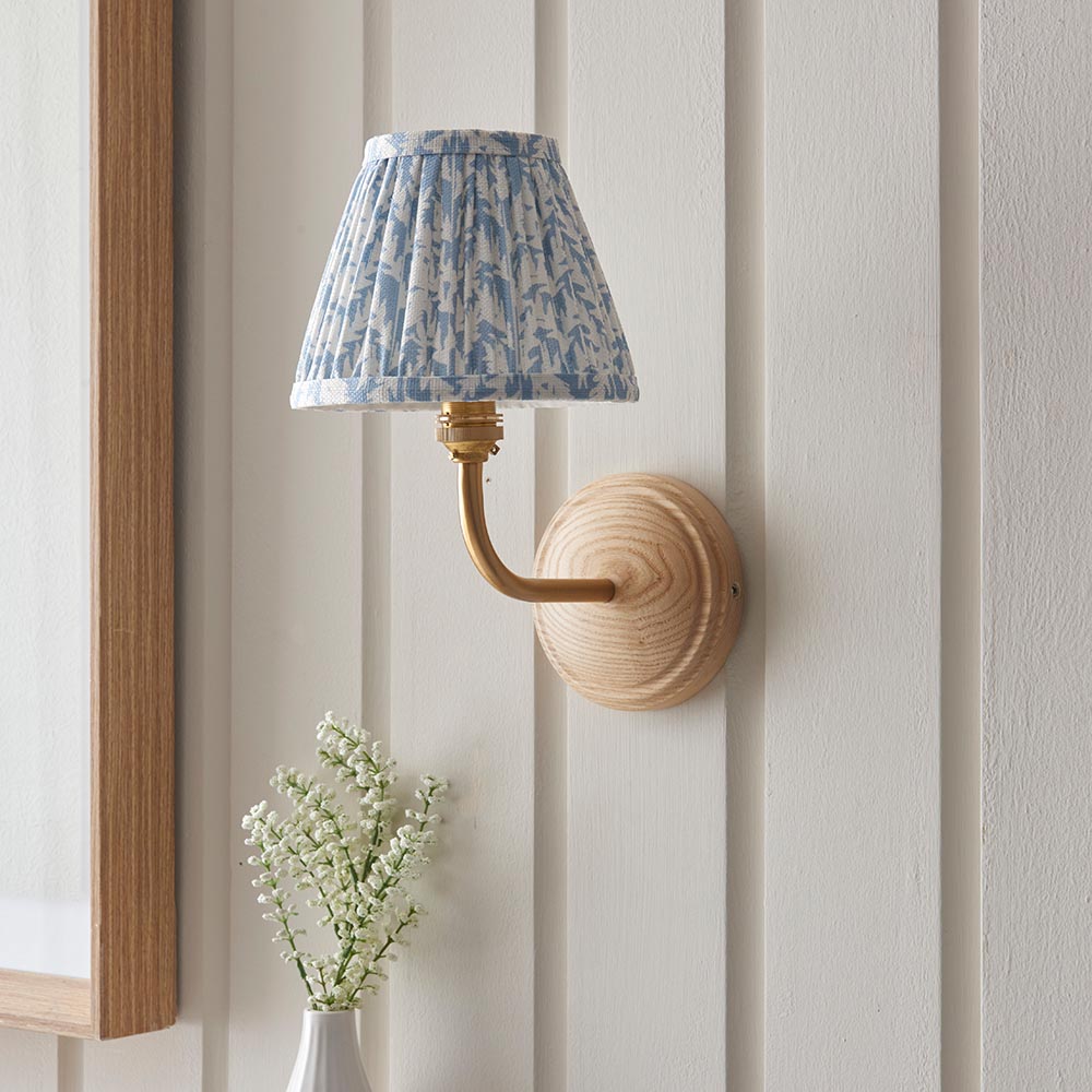 Wood Arc And Leaf 16cm Shell Bay Blue Shade Wall Light In Brushed Aged Brass