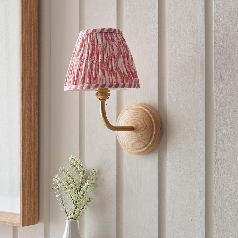 Wood Arc And Ripple 16cm Coral Pink Shade Wall Light In Brushed Aged Brass