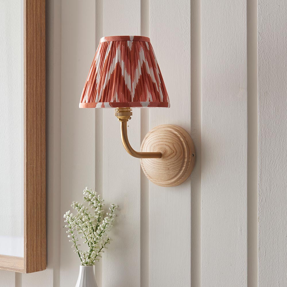 Wood Arc And Zigzag 16cm Apricot Orange Shade Wall Light In Brushed Aged Brass