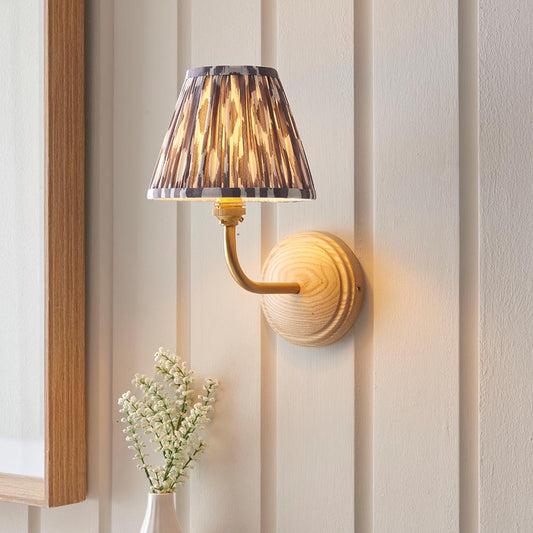 Wood Arc And Ikat 16cm Pearl Grey Shade Wall Light In Brushed Aged Brass
