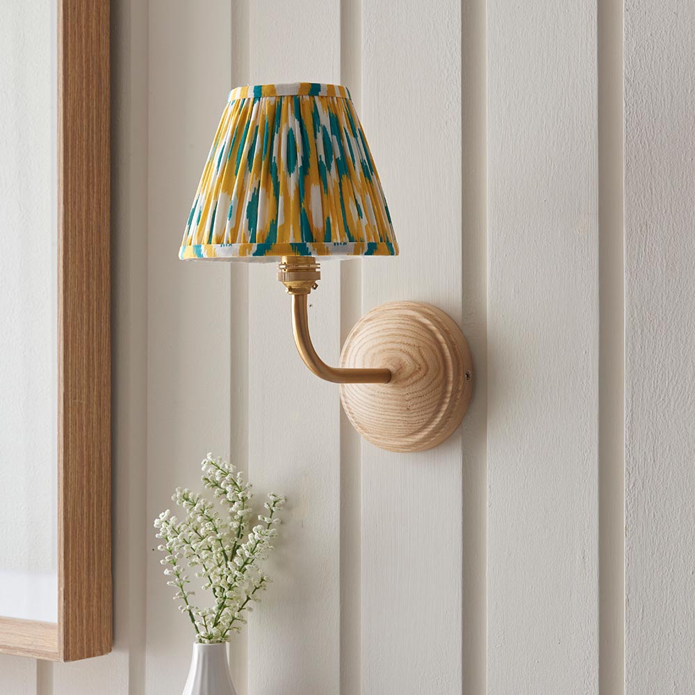 Wood Arc And Ikat 16cm Yellow And Jade Shade Wall Light In Brushed Aged Brass