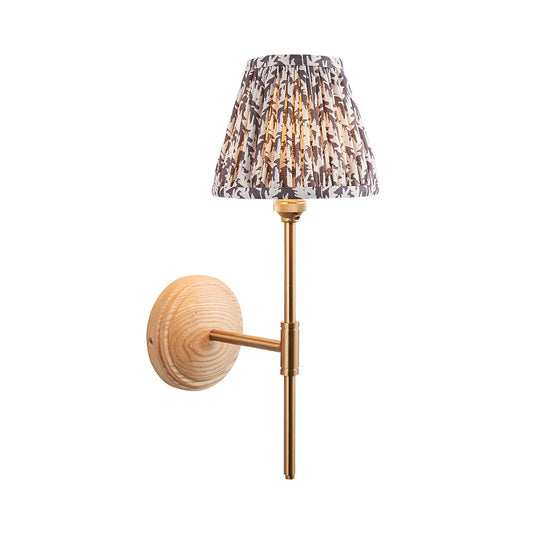 Wood T Bar And Leaf 16cm Pearl Grey Shade Wall Light In Brushed Aged Brass