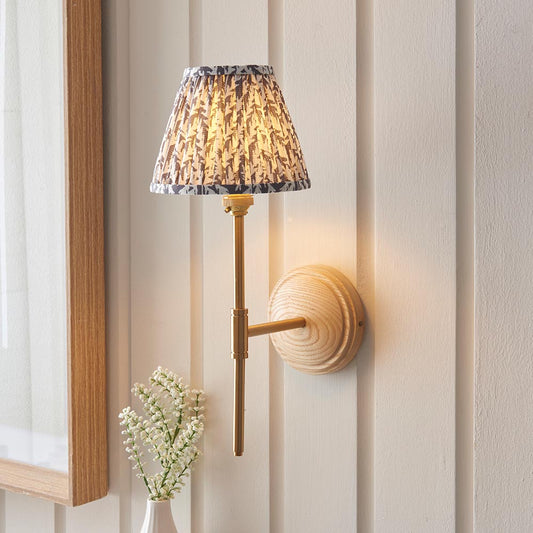 Wood T Bar And Leaf 16cm Pearl Grey Shade Wall Light In Brushed Aged Brass