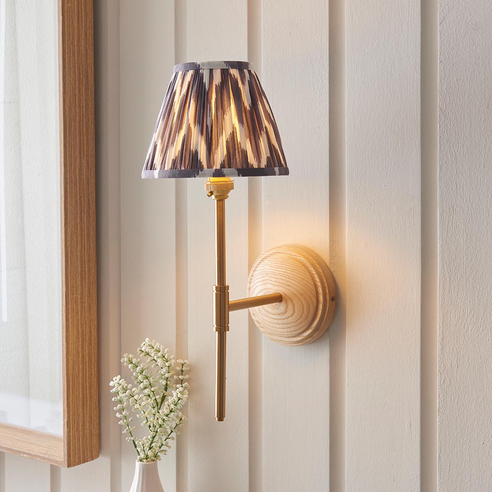 Wood T Bar And Zigzag 16cm Pearl Grey Shade Wall Light In Brushed Aged Brass