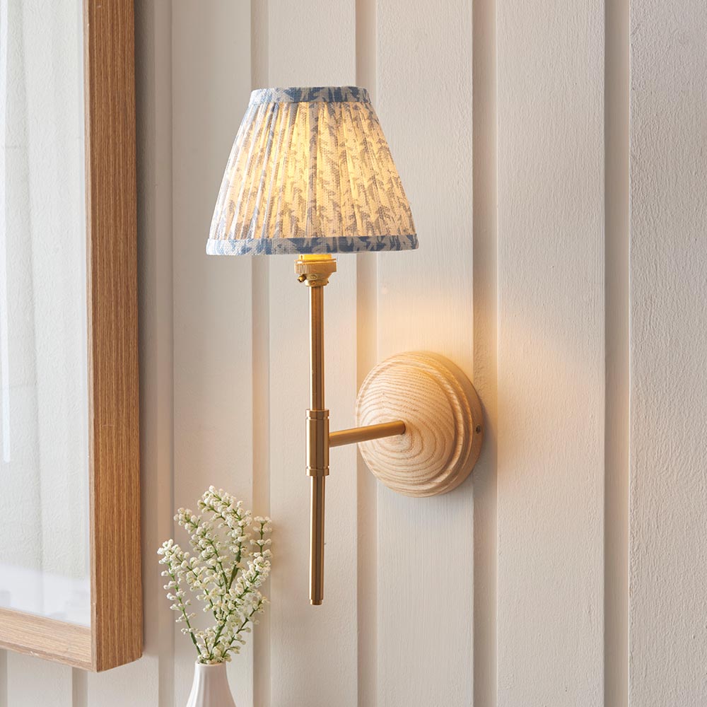 Wood T Bar And Leaf 16cm Shell Bay Blue Shade Wall Light In Brushed Aged Brass