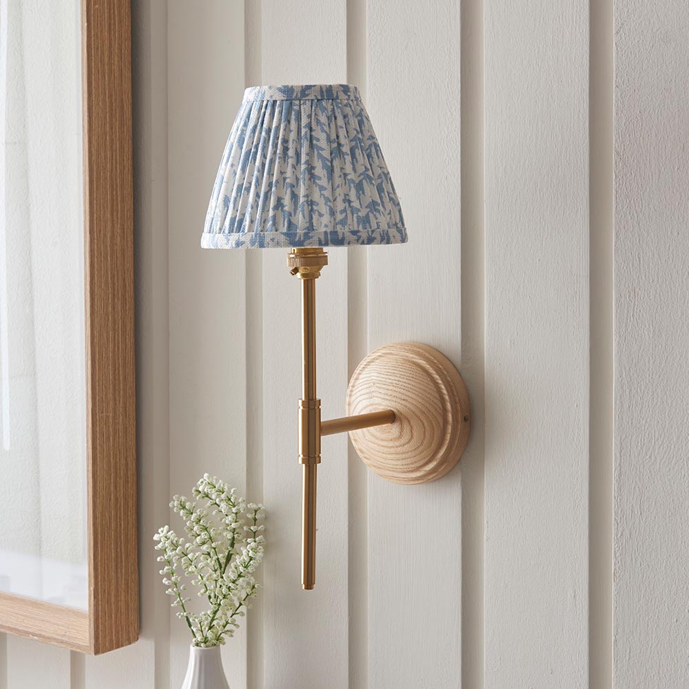 Wood T Bar And Leaf 16cm Shell Bay Blue Shade Wall Light In Brushed Aged Brass