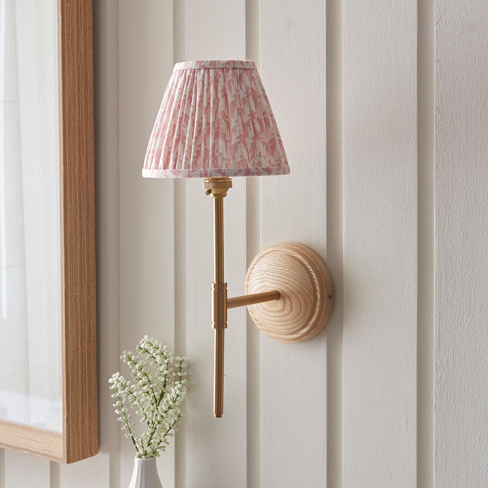 Wood T Bar And Leaf 16cm Peachy Keen Shade Wall Light In Brushed Aged Brass