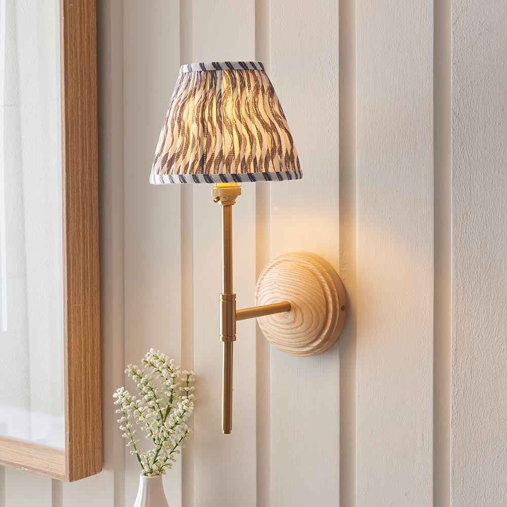 Wood T Bar And Ripple 16cm Pearl Grey Shade Wall Light In Brushed Aged Brass