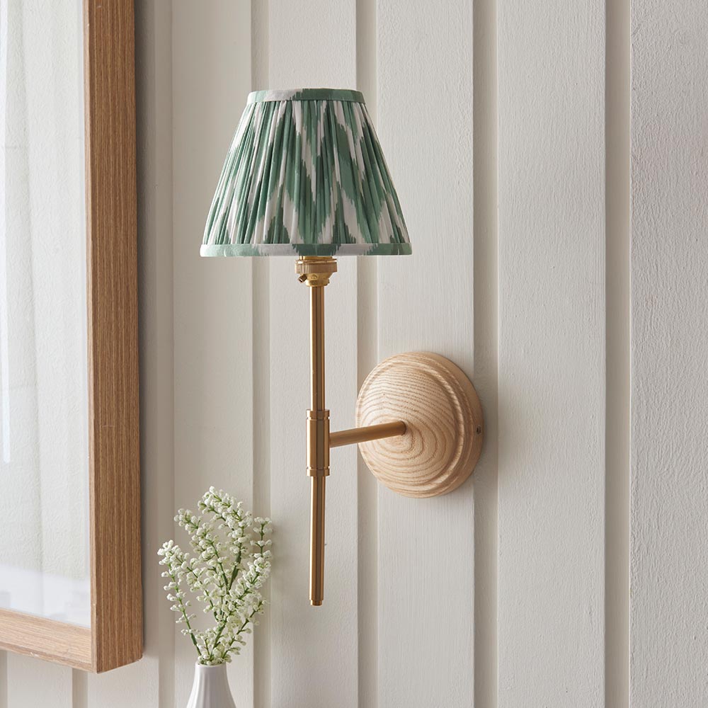 Wood T Bar And Zigzag 16cm Cotswold Green Shade Wall Light In Brushed Aged Brass