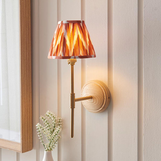 Wood T Bar And Zigzag 16cm Apricot Orange Shade Wall Light In Brushed Aged Brass