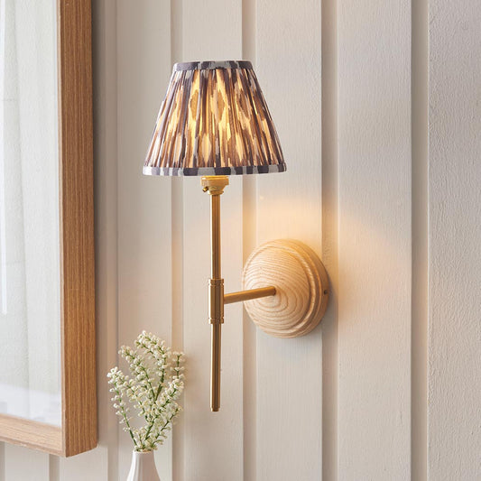 Wood T Bar And Ikat 16cm Pearl Grey Shade Wall Light In Brushed Aged Brass