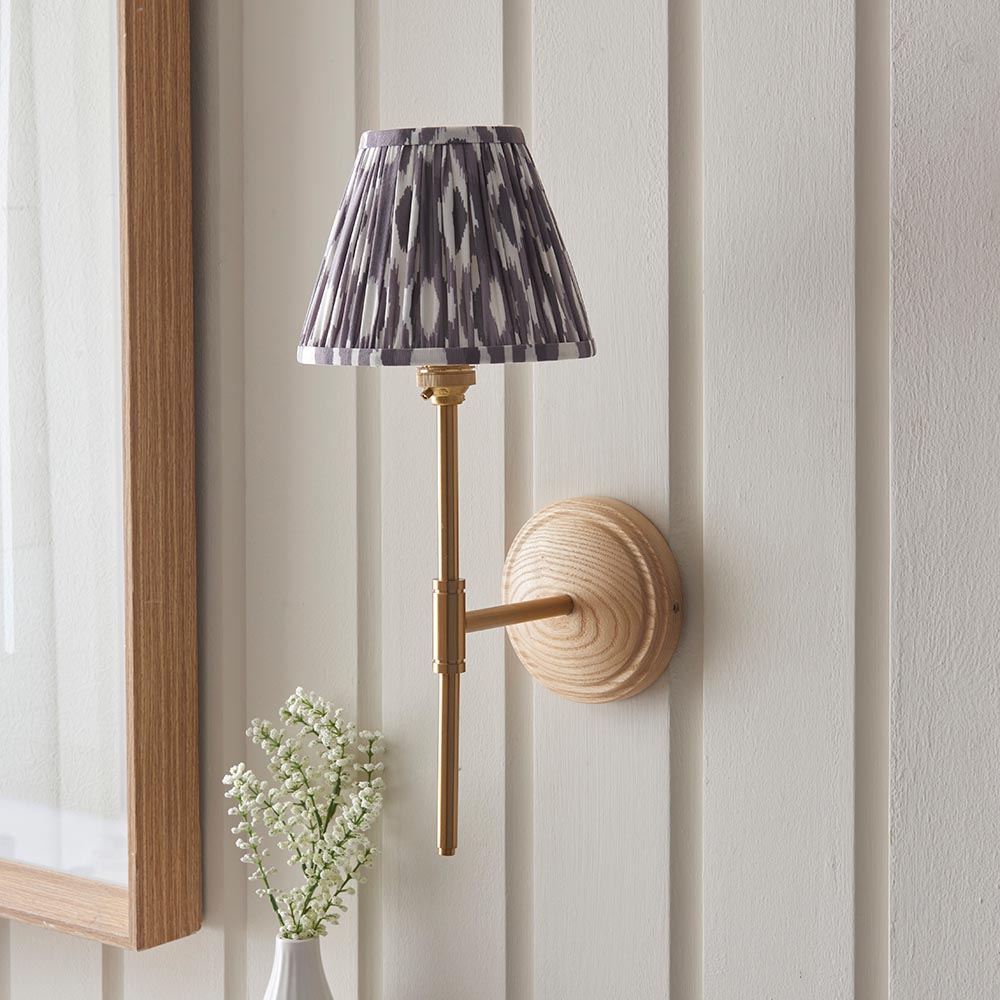 Wood T Bar And Ikat 16cm Pearl Grey Shade Wall Light In Brushed Aged Brass