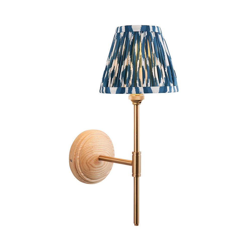 Wood T Bar And Ikat 16cm Marlin Blue Shade Wall Light In Brushed Aged Brass