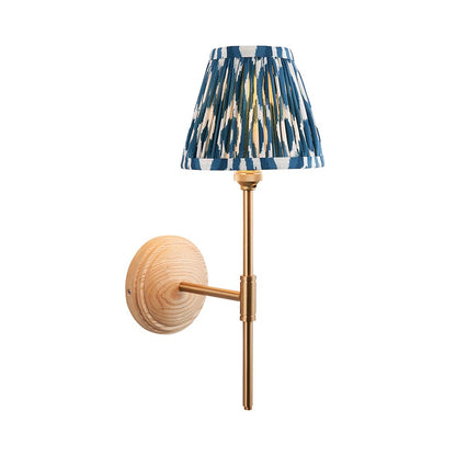 Wood T Bar And Ikat 16cm Marlin Blue Shade Wall Light In Brushed Aged Brass