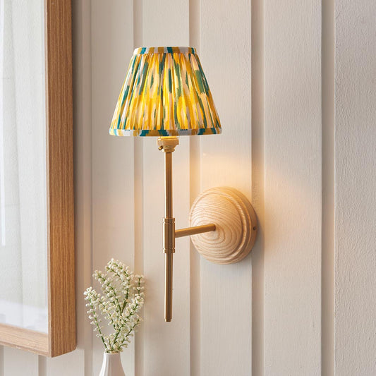 Wood T Bar And Ikat 16cm Yellow And Jade Shade Wall Light In Brushed Aged Brass