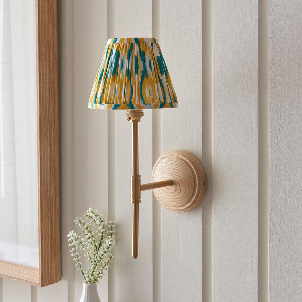 Wood T Bar And Ikat 16cm Yellow And Jade Shade Wall Light In Brushed Aged Brass