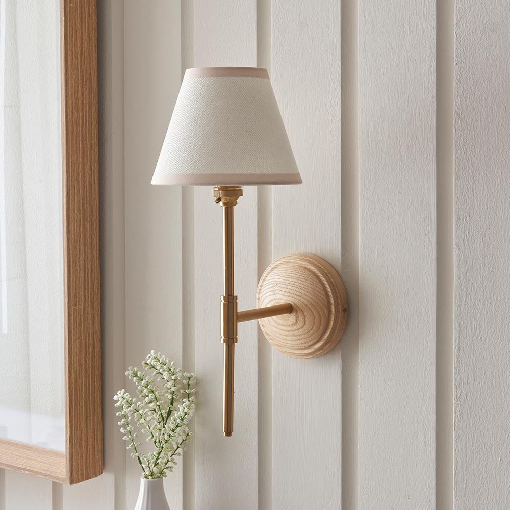 Wood T Bar And Ivy 16cm Vintage White Shade Wall Light In Brushed Aged Brass