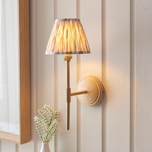 Wood T Bar And Ikat 16cm Neutral Shade Wall Light In Brushed Aged Brass