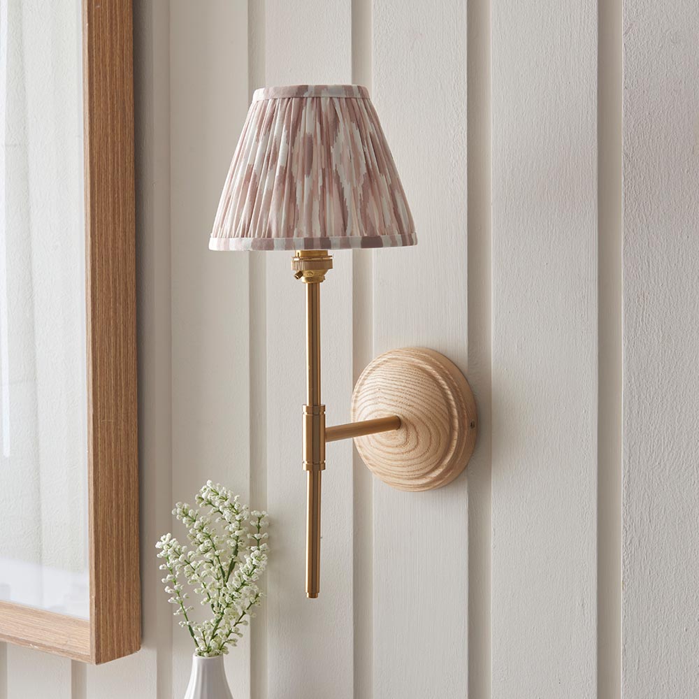 Wood T Bar And Ikat 16cm Neutral Shade Wall Light In Brushed Aged Brass