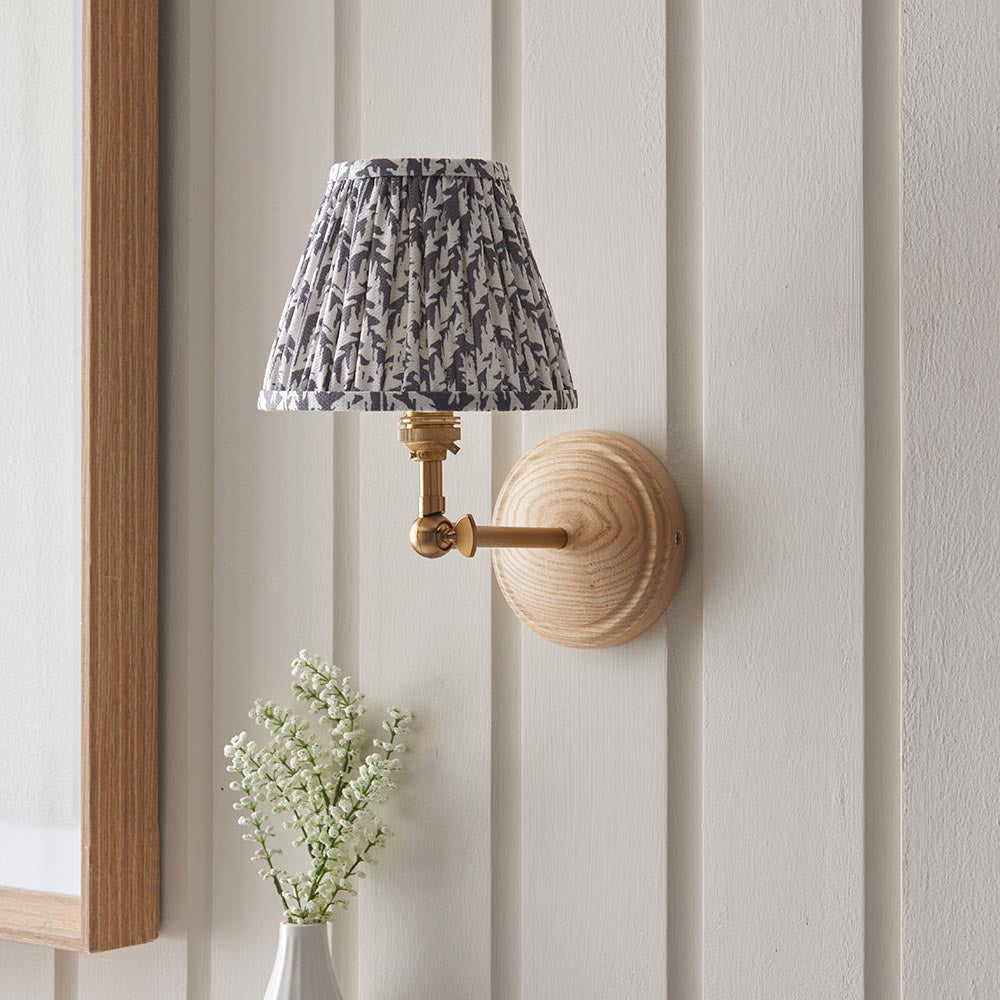 Wood Wing And Leaf 16cm Pearl Grey Shade Wall Light In Brushed Aged Brass