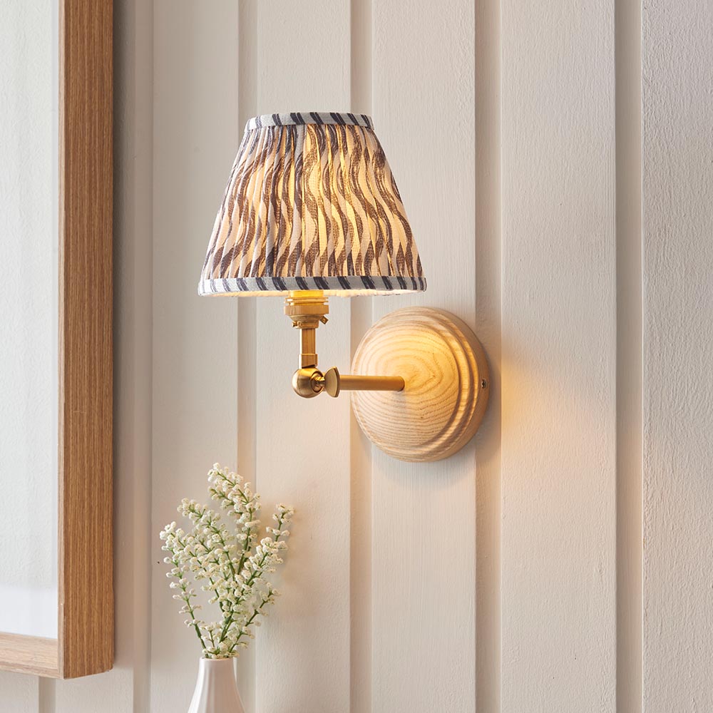 Wood Wing And Ripple 16cm Pearl Grey Shade Wall Light In Brushed Aged Brass