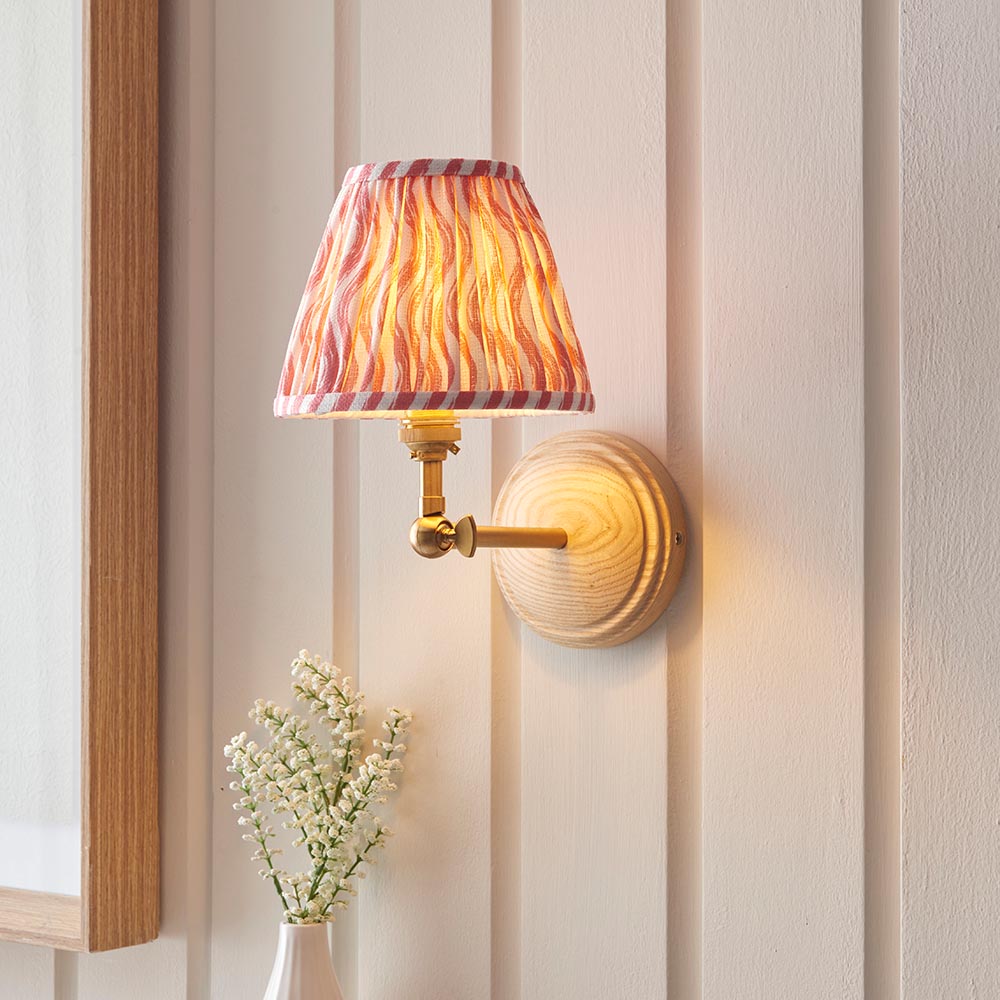 Wood Wing And Ripple 16cm Coral Pink Shade Wall Light In Brushed Aged Brass