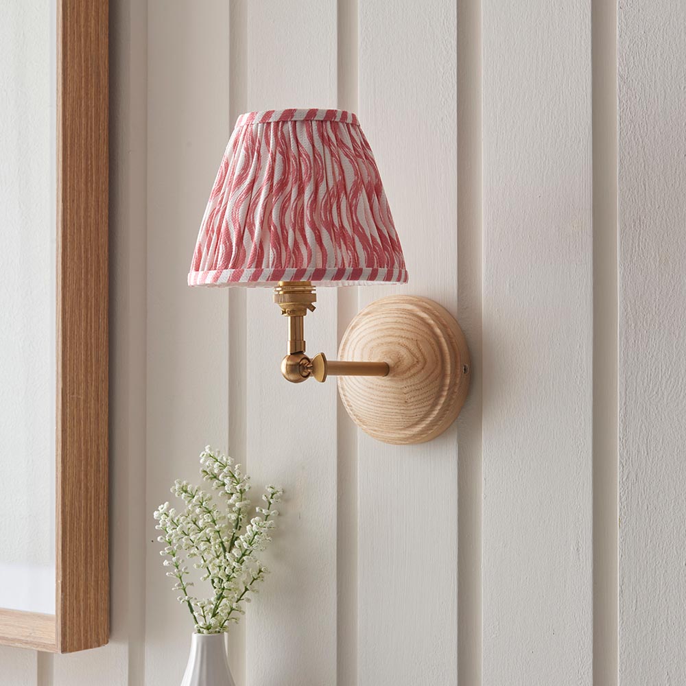 Wood Wing And Ripple 16cm Coral Pink Shade Wall Light In Brushed Aged Brass